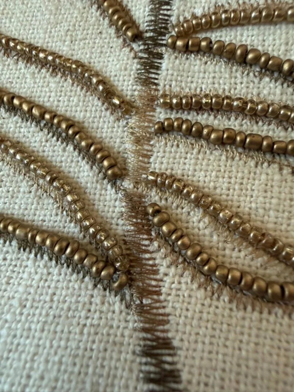 Pier 1 Peacock Feather Beaded Table Runner 41x13 Embroidered Cream Gold Blue